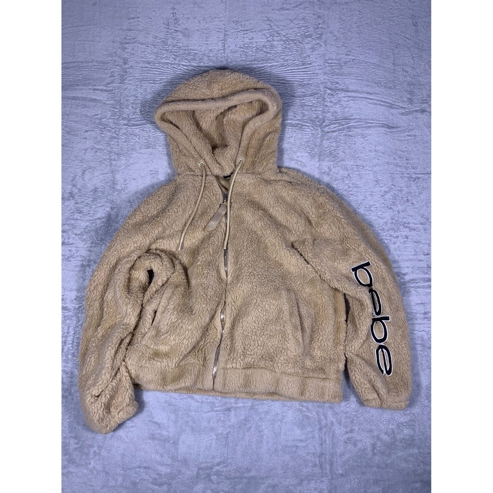 bebe sport Full Zip Sherpa Hoodie Women's Size M Tan Polyester Fleece Used